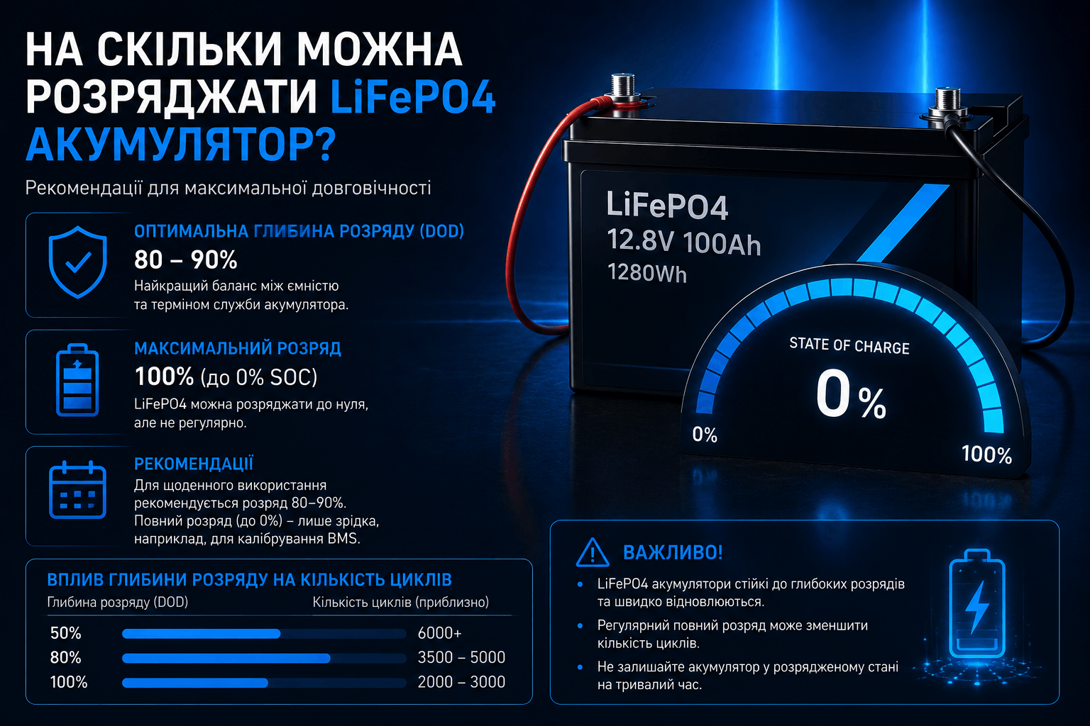 На скільки можна розряджати LiFePO4 акумулятор