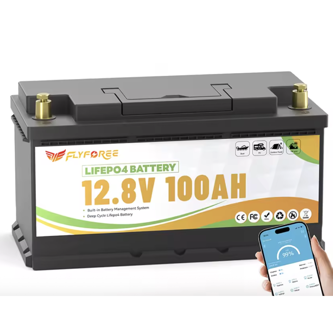 Акумулятор FLYFOREE LiFePO4 12V/100AH (1280W*h) 352mm Bluetooth 100Ah купити в Україні