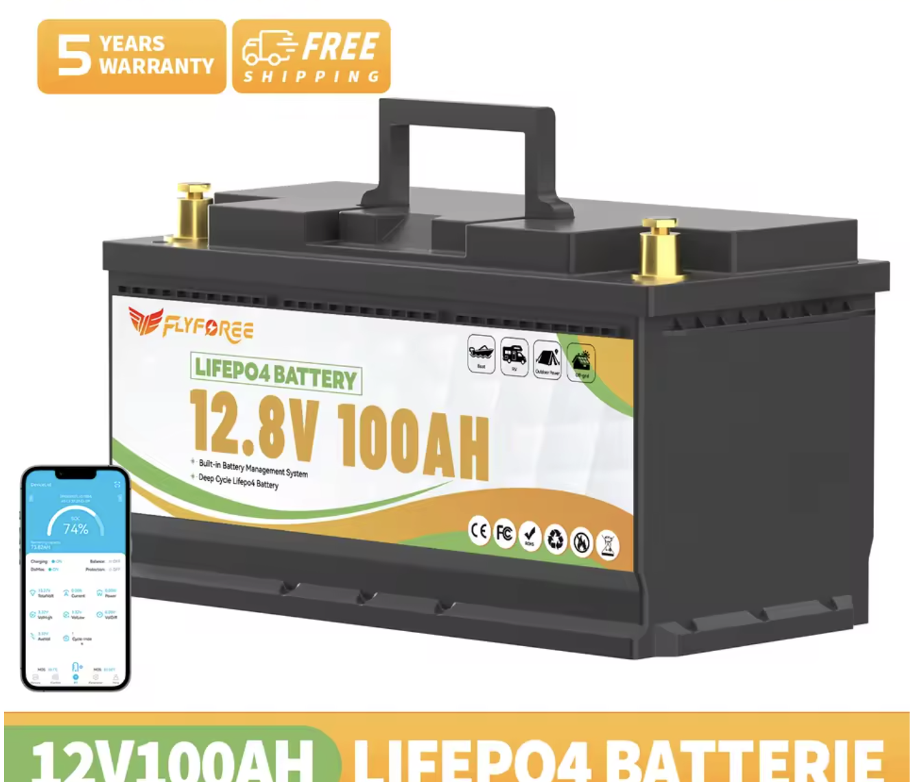 Акумулятор FLYFOREE LiFePO4 12V/100AH (1280W*h) 352mm Bluetooth 100Ah купити в Україні
