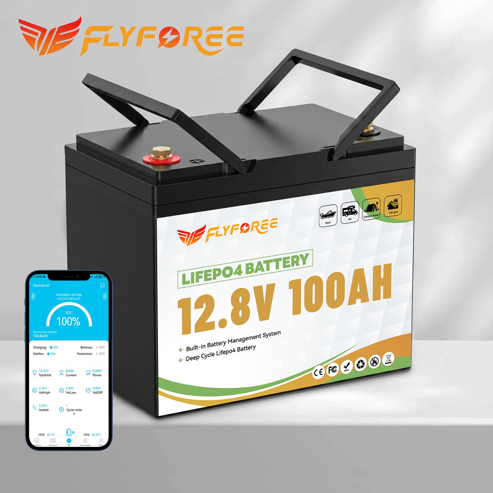 Акумулятор FLYFOREE LiFePO4 12V/100AH (1280W*h) mini Bluetooth 12.8V 100Ah купити в Україні