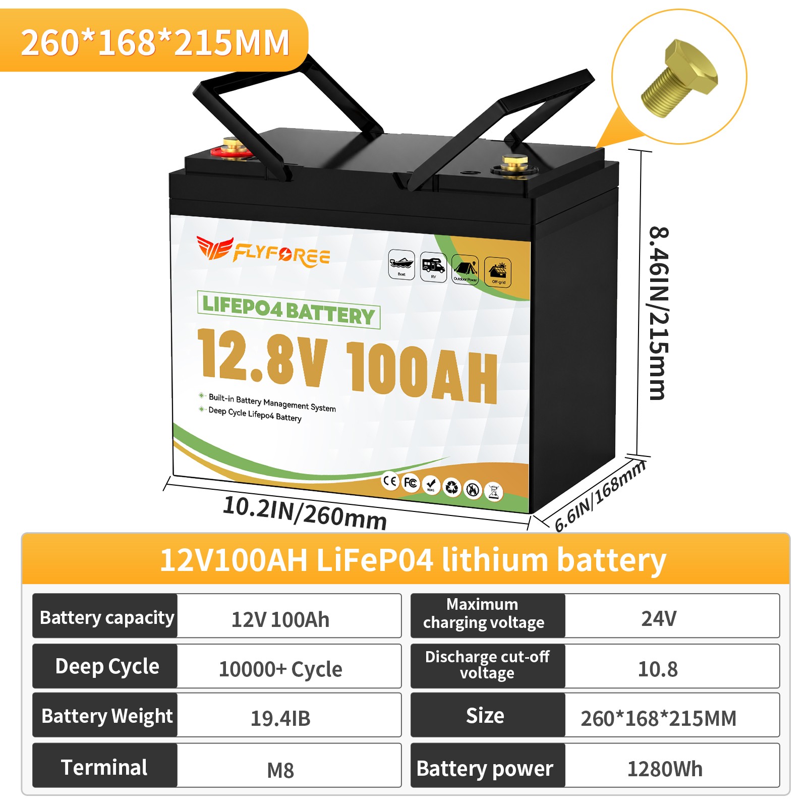 Акумулятор FLYFOREE LiFePO4 12V/100AH (1280W*h) mini Bluetooth 12.8V 100Ah купити в Україні
