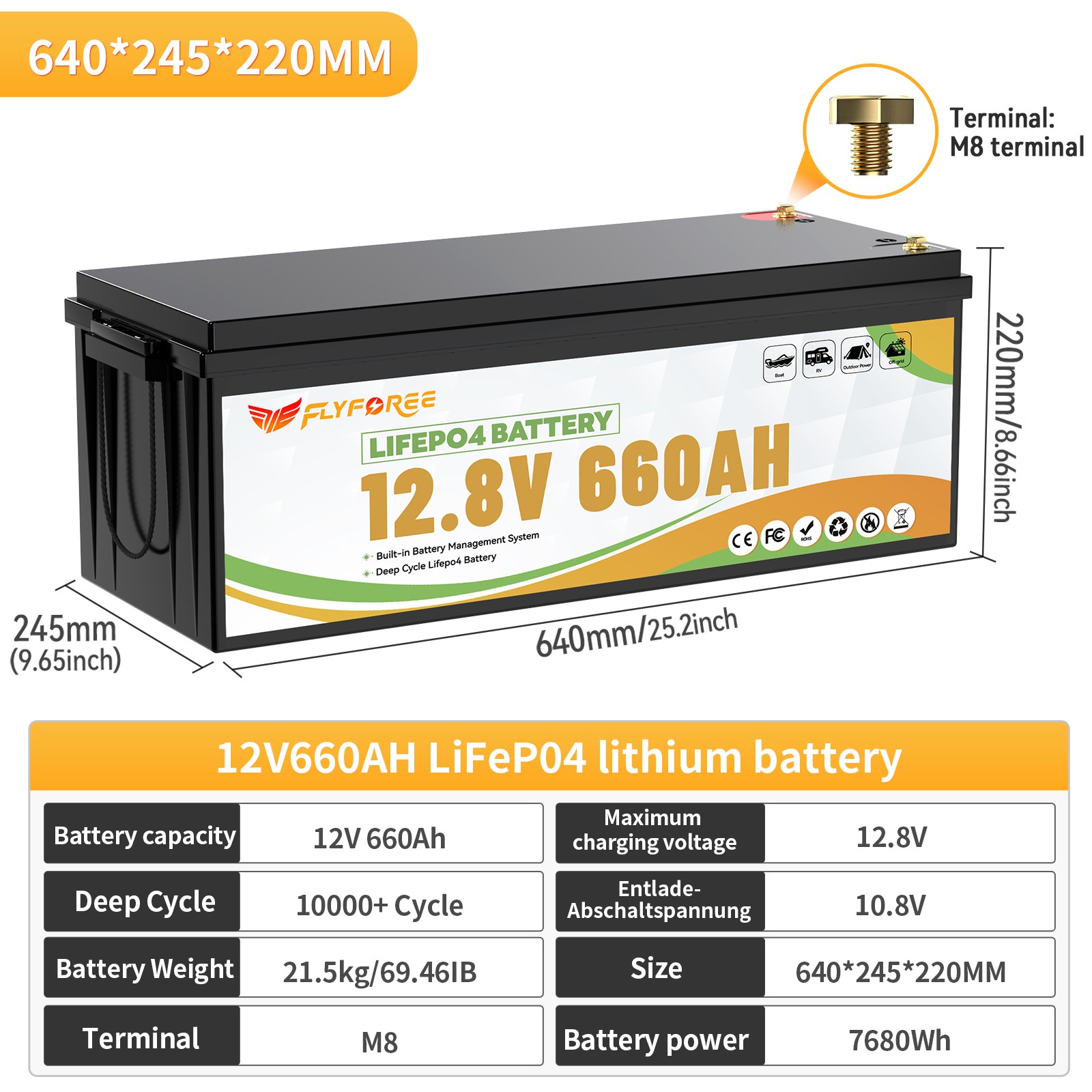 Акумулятор FLYFOREE LiFePO4 12V/660AH (8448W*h) 12.8V 660Ah купити в Україні