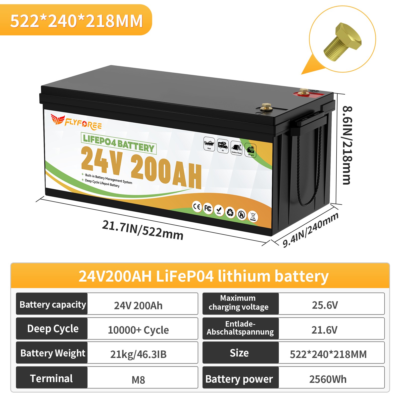 Акумулятор FLYFOREE LiFePO4 24V/200AH (5120W*h) 25.6V 200Ah купити в Україні