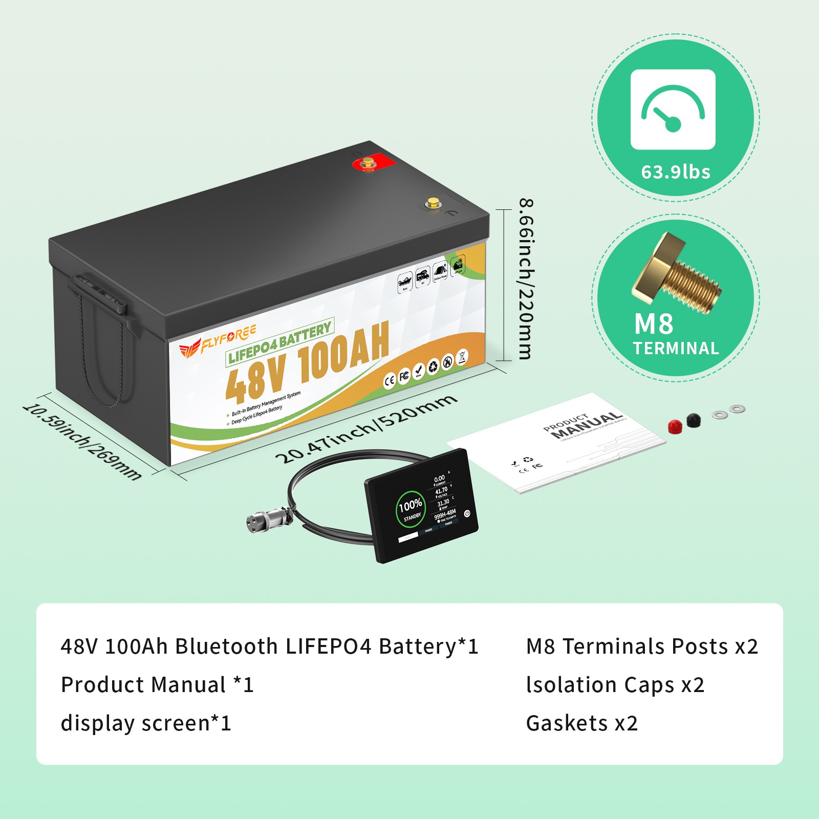 Акумулятор FLYFOREE LiFePO4 48V/100AH (5120W*h) Bluetooth Display 51.2V 100Ah купити в Україні