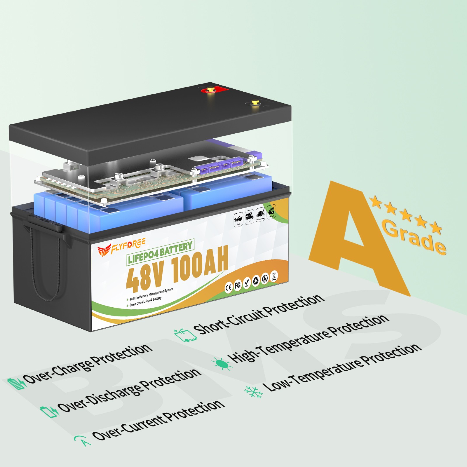 Акумулятор FLYFOREE LiFePO4 48V/100AH (5120W*h) Bluetooth Display 51.2V 100Ah купити в Україні