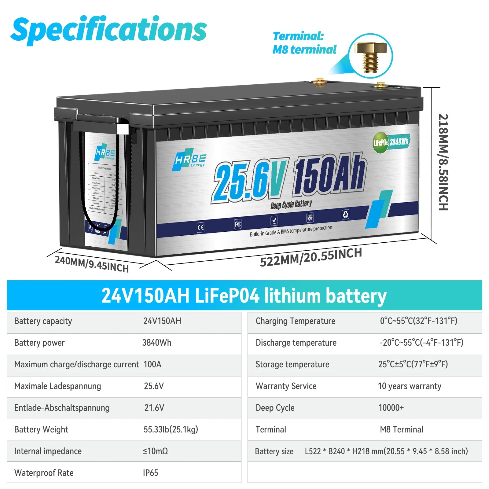 Акумулятор HRBE Energy LiFePO4 24V/150AH (3840W*h) 150Ah купити в Україні