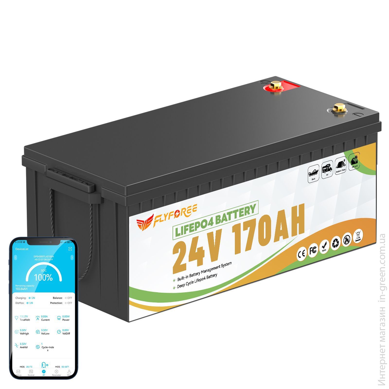 Акумулятор FLYFOREE LiFePO4 24V/170AH (4352W*h) Bluetooth 25.6V 170Ah купити в Україні